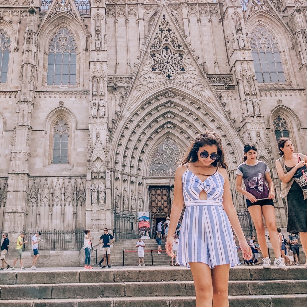 Striped white and blue open back romper| M